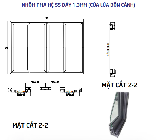 cửa lùa nhôm pma - 04 cánh cửa lùa nhôm pma