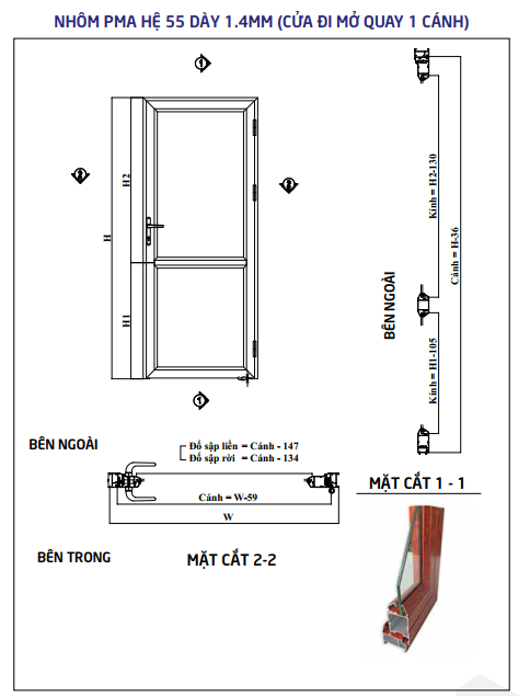 Cửa Nhôm PMA Hệ 55 - Cửa Đi Mở Quay 1 Cánh cua nhôm pma hệ 55