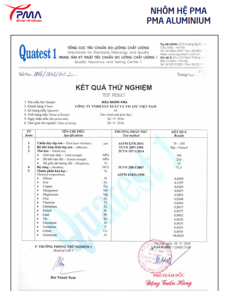 Kết quả kiểm định chất lượng nhôm pma kiểm định chất lượng nhôm pma