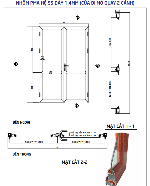 Nhôm pma hệ 55 - Cửa đi 2 cánh mở quay nhôm pma hệ 55